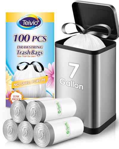 7 Gallon Small 100 Counts Strong Drawstring Trash Bags Garbage Bags by Teivio, Bathroom Trash Can Bin Liners, Plastic Bags for home office kitchen, White - style: 100-7Gallon-White