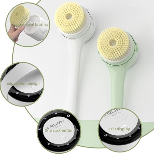 Electric Body Brush, 3 Speed Silicone Body Scrubber with LCD Display, 5in1 Back Scrubber for Shower, Waterproof Rotating Body Brushes, Rechargeable Bath Brush for Clean Exfoliate Massage (Green) - color: Green
