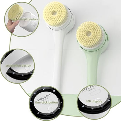 Electric Body Brush, 3 Speed Silicone Body Scrubber with LCD Display, 5in1 Back Scrubber for Shower, Waterproof Rotating Body Brushes, Rechargeable Bath Brush for Clean Exfoliate Massage (Green) - color: Green