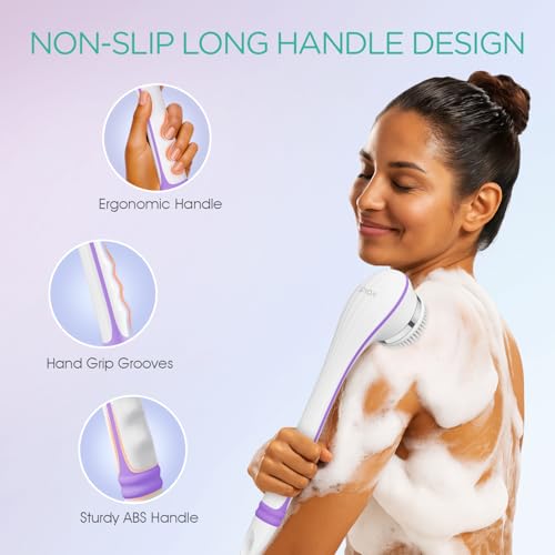 VOYOR Electric Body Brush Back Scrubber for Shower Rechargeable Exfoliating Bath Brush Powered Shower Brush with Non-Slip Long Handle Deep Cleansing, Exfoliation, Massaging Spin Brush BC100 (Purple) - color: Purple