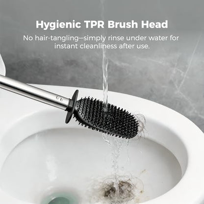 Sineng Silicone Toilet Brush and Holder Set, Stainless Steel Toilet Cleaning Brush, One-Piece Long Handle, Flexible Compact Modern RV Toilet Bowl Brush for Bathroom - color: Stainless Steel
