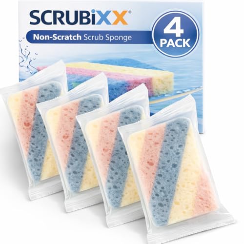 Non Scratch Scrub Sponges, 4 Pack Individually Wrapped Sponges Multi Purpose Cleaning Sponge for Kitchen Dish Washing, Non Abrasive Heavy Duty Scrubber for Dishes Pots Pans.