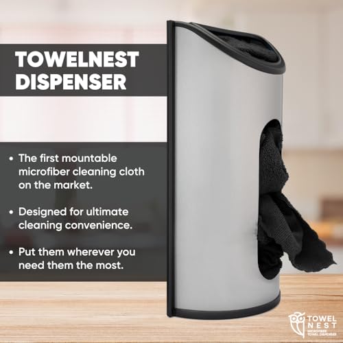 TowelNest Microfiber Cloth Dispenser | 15 Reusable Cloths (Black) | Eco-Friendly Paper Towel Alternative | Absorbent & Washable | Wall/Cabinet Mount (3M Adhesive & Screws Included) - color: Black, size: Dispenser + 15 Cloths