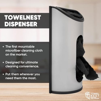 TowelNest Microfiber Cloth Dispenser | 15 Reusable Cloths (Black) | Eco-Friendly Paper Towel Alternative | Absorbent & Washable | Wall/Cabinet Mount (3M Adhesive & Screws Included) - color: Black, size: Dispenser + 15 Cloths