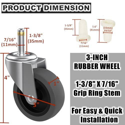 RILIDRI 3-Inch Swivel Stem Caster for Rubbermaid Mop Bucket Utility Cart, 7/16-Inch Stem Diameter Rubber Wheel Set of 4, Heavy Duty TPR Weber Grills Shop Vac Replacement Wheels - style: 3 Inch-150LB (No Brakes)