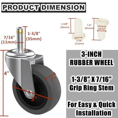 RILIDRI 3-Inch Swivel Stem Caster for Rubbermaid Mop Bucket Utility Cart, 7/16-Inch Stem Diameter Rubber Wheel Set of 4, Heavy Duty TPR Weber Grills Shop Vac Replacement Wheels - style: 3 Inch-150LB (No Brakes)