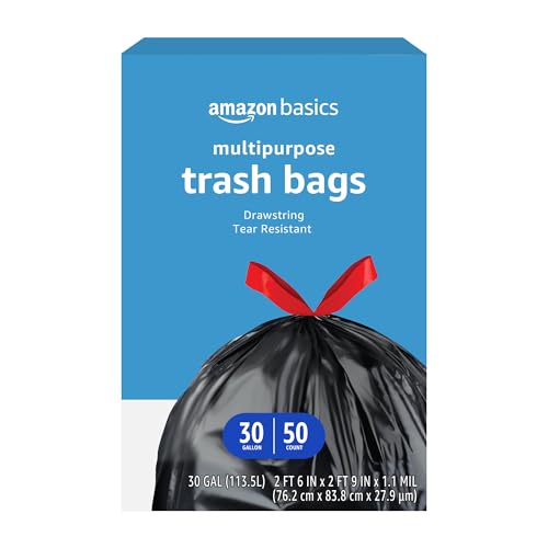 Amazon Basics Multipurpose Drawstring Trash Bags, 30 Gallon Capacity, Tear Resistant, 50 Count (Previously Solimo) - size: 50 Count (Pack of 1)