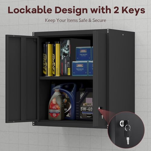 Steel Wall Cabinet, Metal Locking Wall Cabinet, Wall Hanging Metal Cabinet for Garage Tool Storage, Wall Mount Tool Cabinet for Garage, Laundry Room, Pantry, Black - color: 28"h-wall Cabinet / Black
