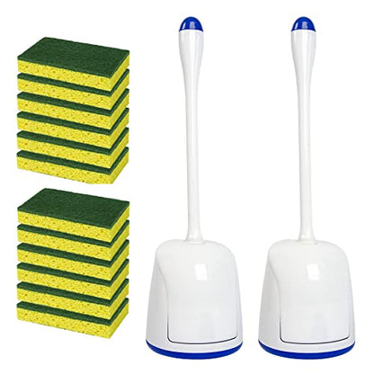 CELOX 12 Pack Dual Sided Heavy Duty Scrub Sponge and 2 Set Compact Toilet Brush with Breathable Ventilation Stand Base