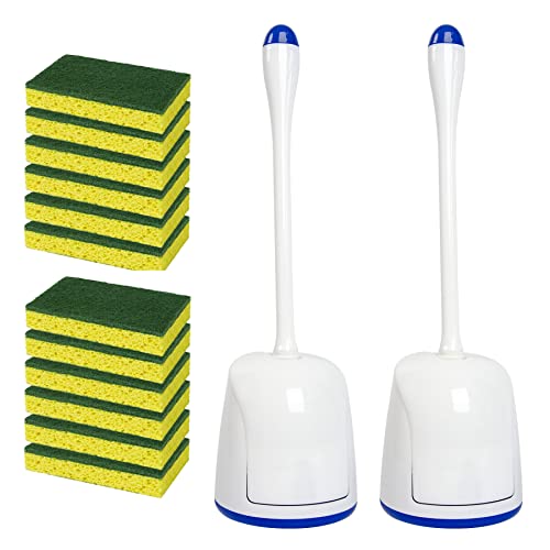 CELOX 12 Pack Dual Sided Heavy Duty Scrub Sponge and 2 Set Compact Toilet Brush with Breathable Ventilation Stand Base