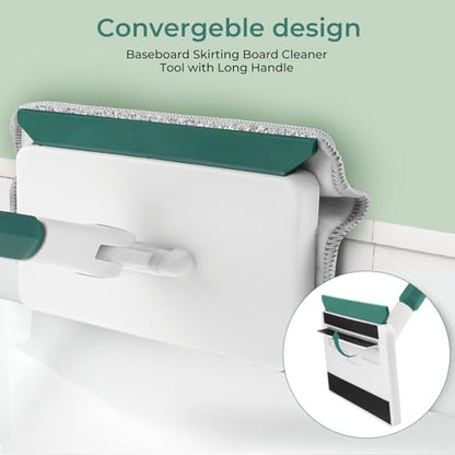 Baseboard Cleaner Tool with Handle, 60" Extendable Long Handle Baseboard Cleaner with 5 Reusable Pads for Baseboards Cleaning, Ceiling, Wall, Floor, Bathroom, Kitchen - size: Green