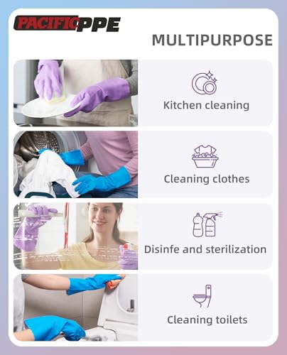 PACIFIC PPE 4 Pairs Reusable Dishwashing Cleaning Gloves with Latex Free, Cotton Lining, Kitchen Gloves, Blue, Medium - color: Blue, size: Medium (Pack of 4)