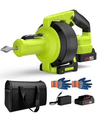 Ublue 21V Cordless Electric Drain Auger, 25Ft Auto Feed Drain Snake for Clog Remover with 2.0Ah Battery, Plumbing Snake for Sink Toilet Bathroom Shower Pipes 3/4"-2.95", Included Bag Gloves Rag - color: Green