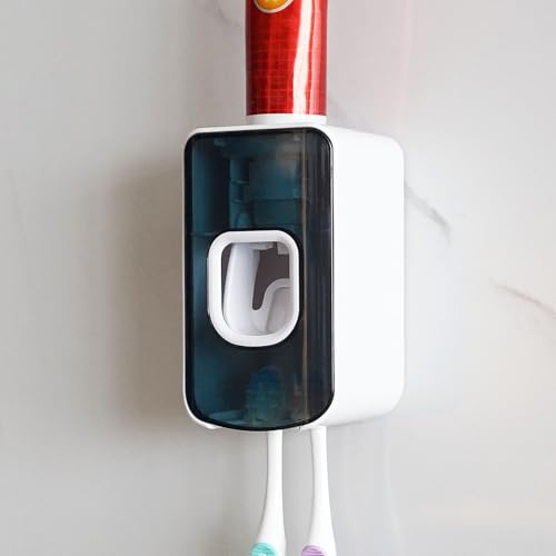 2 Slot Toothbrush Holder and Toothpaste Dispenser Wall Mounted, Automatic Toothpaste Squeezer, 2 in 1 Tooth Brush Toothpaste Organizer for Shower (Blue) - color: Blue, size: 1