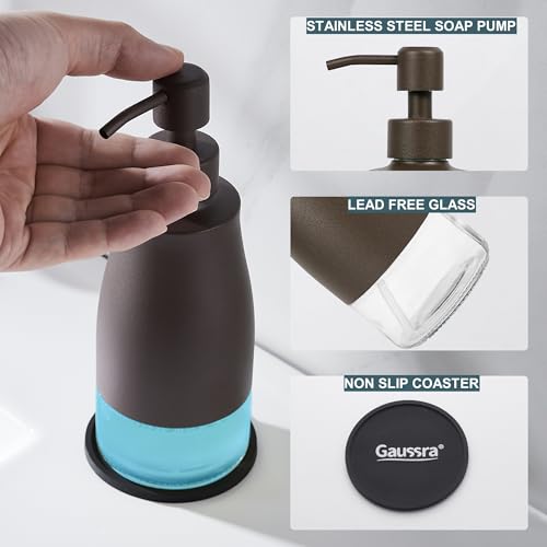 Gaussra Matte Brown Soap Dispenser with Coaster and Stickers, Stainless Steel and Glass Bottle Hand Pump Dispenser, Refillable Liquid Hand Soap Dispenser for Bathroom & Kitchen (11OZ / 320ML) - color: Matte Brown