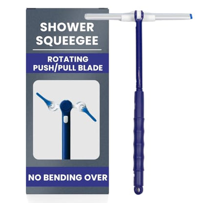 Extendable Shower Squeegee with 180-Degree Rotating Blade for Push/Pull Use – Ergonomic Cleaning Tool for Showers, Glass Doors, and Windows – 16'' to 28'' Handle for Strain-Free Cleaning