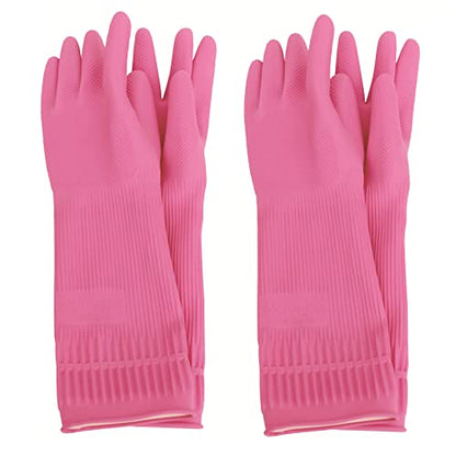 Myungjin (2 Pairs Reusable Waterproof Household Dishwashing Non-Slip Cleaning Latex Rubber Kitchen Gloves (Pink, Large) - size: Large 21.5cm x 38cm