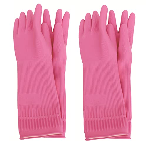 Myungjin (2 Pairs Reusable Waterproof Household Dishwashing Non-Slip Cleaning Latex Rubber Kitchen Gloves (Pink, Large) - size: Large 21.5cm x 38cm