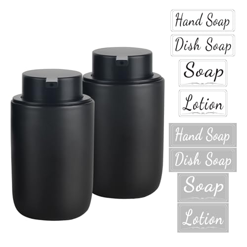BosilunLife Black Soap Dispenser Set - 2 Pack 12oz Ceramic Dish Soap Dispenser with Rust Proof Pump for Kitchen, Hand Soap and Lotion Set Suitable for Farmhouse Bathroom Decor with Waterproof Labels - color: Black-liquid Pump