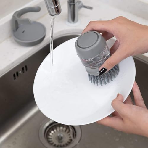Automatic Liquid-Adding Kitchen Cleaning Dish Brush with Soap Dispenser, Dishwashing Kitchen Scrub Brushes Dish Scrubber with Holder Drip Tray, for Cleaning Pan, Pot, Sink