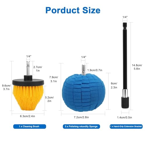 Linkstyle 5PCS Drill Polishing Ball Set, Car Wheel Polisher Sponge Pad Kit with Long Extension Pole & Cleaning Brush, Buffing Ball for 1/4" Hex Drill, Car Rim and Metal Surface Polishing Tool - style: Ball_5PCS