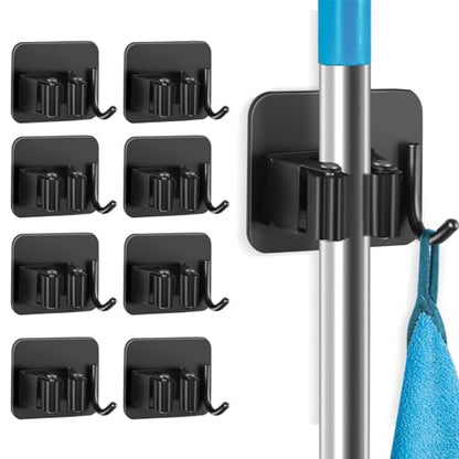 Broom and Mop Holder, Super Anti-Slip Wall Mount, Self Adhesive Gripper for Bathroom, Garage and Laundry Room Storage, Black