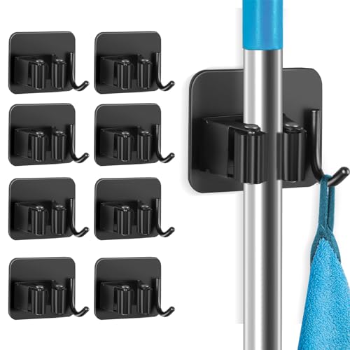 Broom and Mop Holder, Super Anti-Slip Wall Mount, Self Adhesive Gripper for Bathroom, Garage and Laundry Room Storage, Black