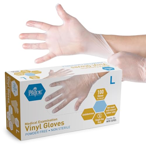 MED PRIDE Disposable Medical Grade Vinyl Exam Gloves, Latex & Powder Free, Ultra-Strong, for Healthcare & Food Handling (Large (Pack of 100) 100 Clear) - size: Large (Pack of 100)