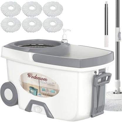 Mop and Bucket with Wringer Set,Spin Mop and Bucket System, Mops for Floor Cleaning,Household Supplies Tools with 6 Replacement Refills,61" Extended Handle for Household Hardwood Floor - White - size: White Mop Bucket + 6 Mop Heads