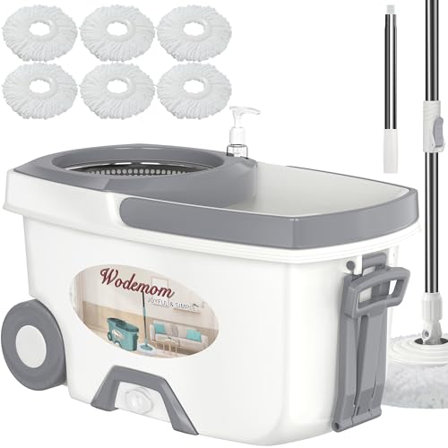 Mop and Bucket with Wringer Set,Spin Mop and Bucket System, Mops for Floor Cleaning,Household Supplies Tools with 6 Replacement Refills,61" Extended Handle for Household Hardwood Floor - White - size: White Mop Bucket + 6 Mop Heads