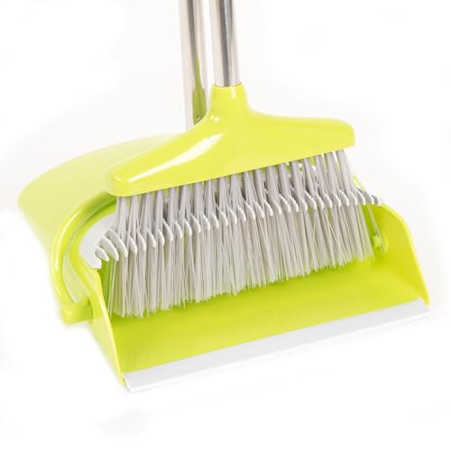 Hub City Industry Heavy Duty Broom and Dustpan Combo Set with Commercial Long Handle for Lobby, Home, Office, Cleaning Supplies, Upright Grips Sweep Set with Broom for Floor Cleaning, Green