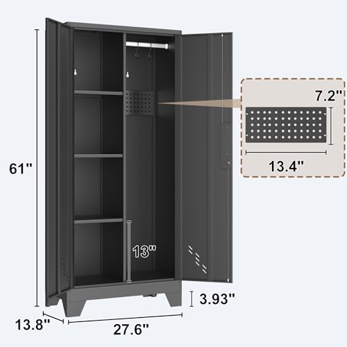 61" H Garage Cabinets, Metal Storage Cabinet with Lockable Doors and Pegboard, Utility Closet for Brooms and Mops, Tool Cabinets for Home Office Laundry Room Living Room - size: 61"Utility Cabinet