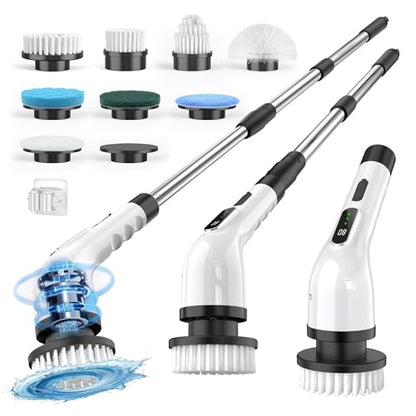 Electric Spin Scrubber Cordless - 3 Speed Rechargeable, Adjustable & Detachable Handle, 9 in 1 Brush Heads Power Scrub Brushes for Cleaning Supplies Shower Bathroom Tub Kitchen Tile Floor