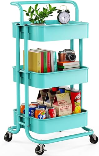 Pipishell 3 Tier Mesh Utility Cart, Rolling Metal Organization Cart with Handle and Lockable Wheels, Multifunctional Storage Shelves for Kitchen Living Room Office Turquoise - color: Turquoise, size: 3-Tier