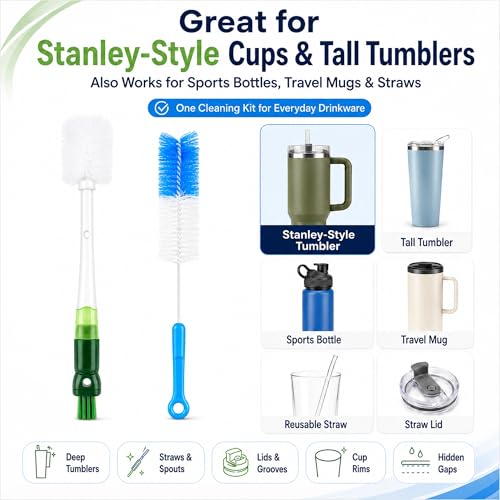 5-in-1 Water Bottle Cleaner Brush Set - 7 Pack, 14.17" Long Narrow Bottle Brush & Straw Brushes, Compatible with Stanley Cups, Tumblers, Sports Bottles, Travel Mugs