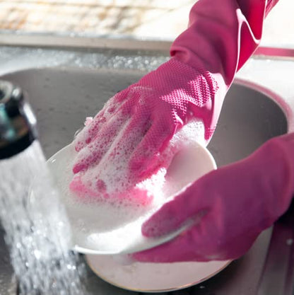 Myungjin (2 Pairs Reusable Waterproof Household Dishwashing Non-Slip Cleaning Latex Rubber Kitchen Gloves (Pink, Small) - size: Small 20cm x 31cm