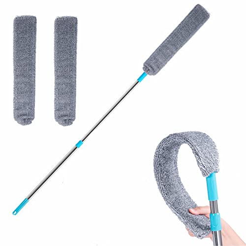 Retractable Gap Dust Cleaner Under Appliance Microfiber Duster Dust Brush with Extension Pole (36 to 49 inches) Cleaning Duster for Bed High Ceilings Furniture Bottom Household Gap Duster Gray - style: 1PC Flat Duster with 2 cloths