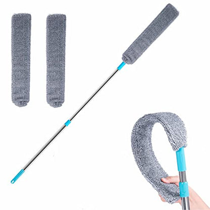 Retractable Gap Dust Cleaner Under Appliance Microfiber Duster Dust Brush with Extension Pole (36 to 49 inches) Cleaning Duster for Bed High Ceilings Furniture Bottom Household Gap Duster Gray - style: 1PC Flat Duster with 2 cloths