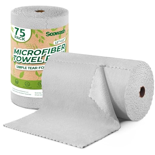 Microfiber Cleaning Cloths Roll, 75 Pack Tear Away Microfiber Towels Roll, 12" x 12" Lint Free Rags, Reusable Cleaning Cloths, Washable, Scratch Free,Ultra Absorbent Dish Rags(Grey) - color: Grey, size: 75 pack