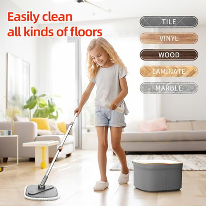 Spin Mop and Bucket Set with Self Separation Dirty and Clean Water System Self Wringing 360° Rotating Clean Mop-Head for Hardwood Tile Marble Floors with 6pads