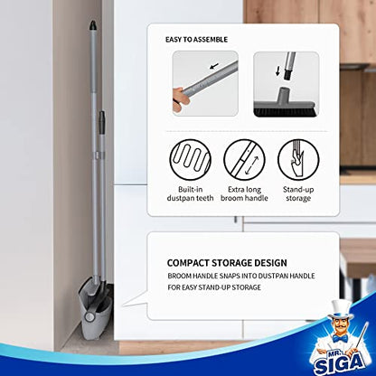 MR.SIGA Broom and Dustpan Set with Adjustable Long Handle, Upright Combo for Floor, Cleaning Lobby, Gray - color: Gray