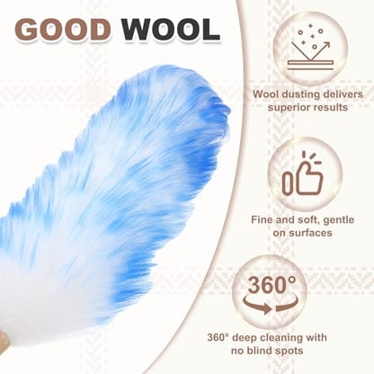 uxcell Wool Duster, 24.4" Natural Feather Cleaner Household Cleaning Duster with Solid Wooden Handle for Cleaning Fans Window Blinds Shelves Furniture, White Blue - color: White Blue, size: 24.4"