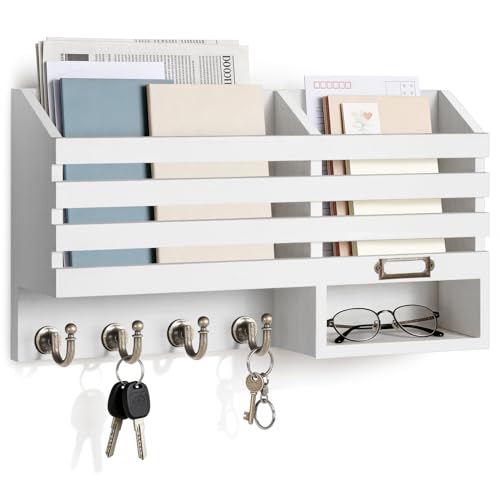 FifthQuarter Key Holder for Wall: Easy Mounted Key Rack and Mail Organizer with Store Shelf and Four Sturdy Keys Hooks Decor in Kitchen|Farmhouse|Entryway|Mudroom (White) - color: C-White