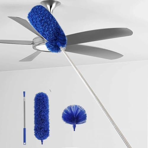 Cobweb Duster with Extension Pole, Ceiling Cob Web Cleaner Kit with 2 Duster Heads, 15-100 Inch Telescopic Microfiber Cleaning Duster, Long Corner Duster Tool for High Walls, Fans, Blinds Blue