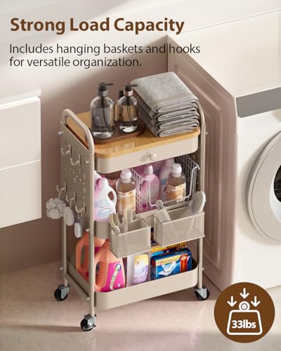 ALVOROG Rolling Cart with Drawer and Wood Table Top, 3 Tier Metal Rolling Utility Cart on Wheels with DIY Pegboards, Hanging Baskets, Hooks for Kitchen, Bedroom, Office, Craft Supplies - color: Khaki