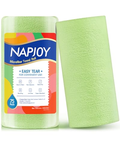 Napjoy Microfiber Cleaning Cloth Roll, 75PK Easy Tear Away Reusable Paper Towels, 12" x 12", Lint-Free and Scratch-Free with Patented Fiber Technology Microfiber Towel Roll, Green - color: Green