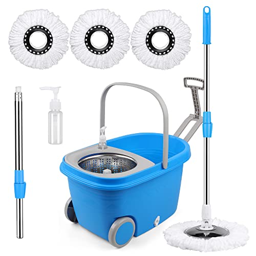 Mop Bucket with Wringer Set, Extended Stainless Steel Handle, 3 Microfiber Replacement Mop Head Refills, 2 Wheels for Household Cleaning, Hardwood Floor Tiles, Blue/Gray