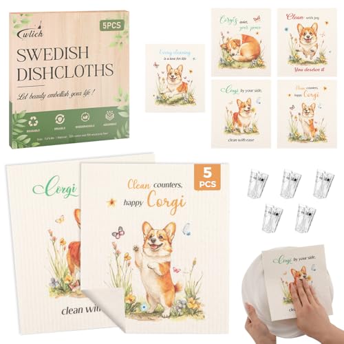wlich 5PCS Swedish Dishcloths for Kitchen, Reusable Dish Rags for Washing Dishes with Clips, Non-Scratch Kitchen Towels and Dishcloths Sets, Washable Swedish Dish Cloths, No Odor(Dog) - color: Dog, size: 5PCS