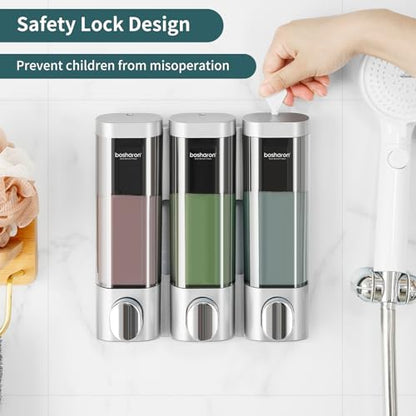 3 in 1 Wall Mounted Shower Dispenser, 3 x 10 oz Shampoo Body Wash Conditioner Pump Dispenser, No Drill for Bathroom & Kitchen - color: Silver