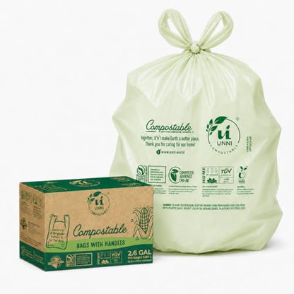 UNNI 2.6 Gallon Compostable Trash Bags with Tie Handles, 100 Count Small Food Scrap Kitchen Compost Bags for Countertop Bin, Certified by BPI, CMA & OK compost HOME, Meets ASTM D6400 - size: 100 Count (Pack of 1), style: 2.6 Gallon